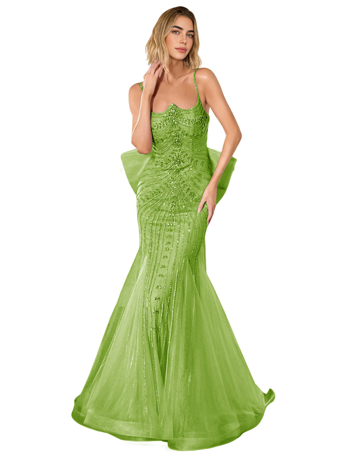Lime green embellished prom dress with corset-style bodice and trumpet skirt, sweep train