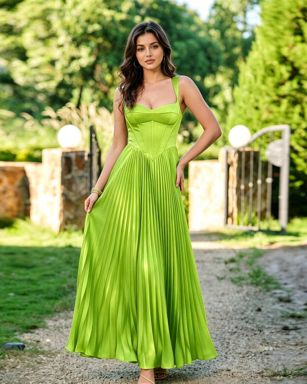 Square-neck corset pleated midi dress, bright lime green pleated skirt