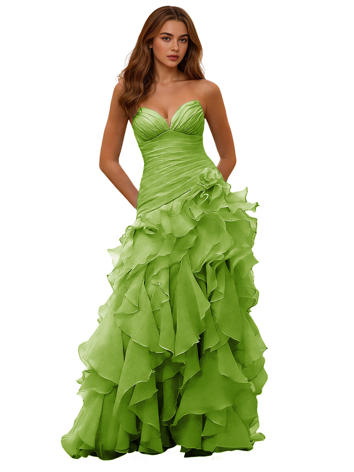 Lime green strapless corset ball gown with cascading organza ruffle skirt
