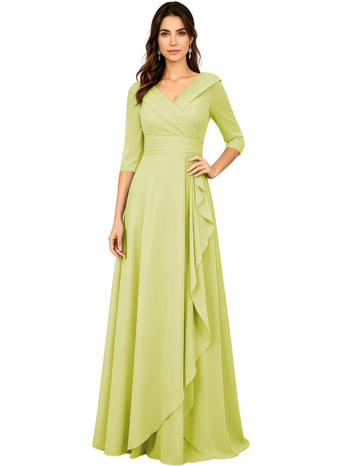 Lime green chiffon V-neck A-line dress with three-quarter sleeves and side ruffle drape