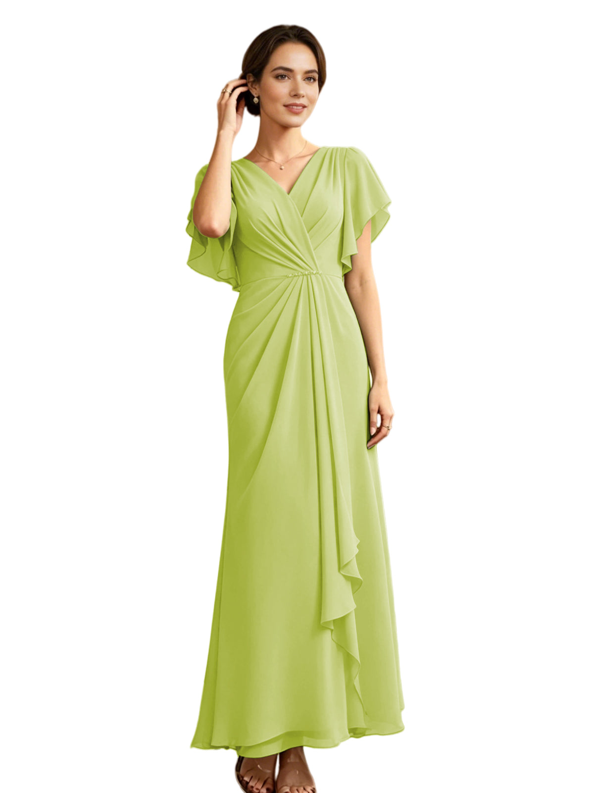 Light lime green chiffon mother-of-the-bride dress with V-neck, flutter sleeves, and A-line drape