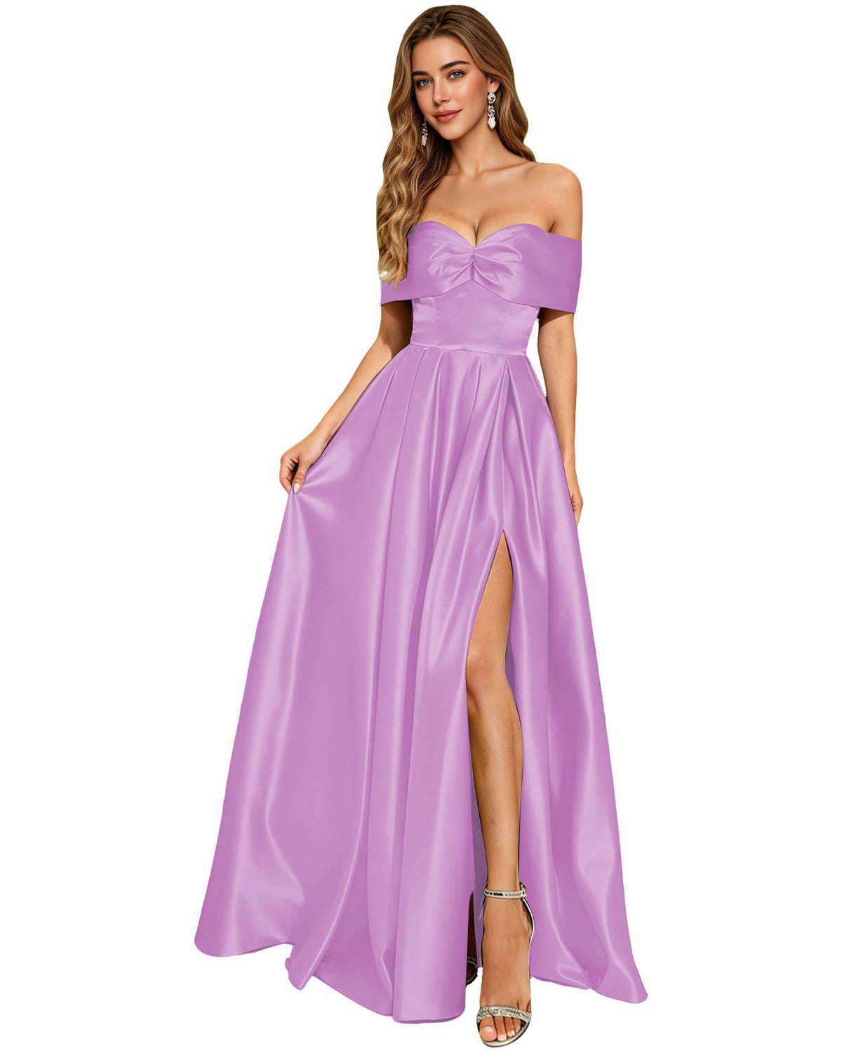 Lavender strapless satin prom dress with bow at bust, pleated bodice, and front slit