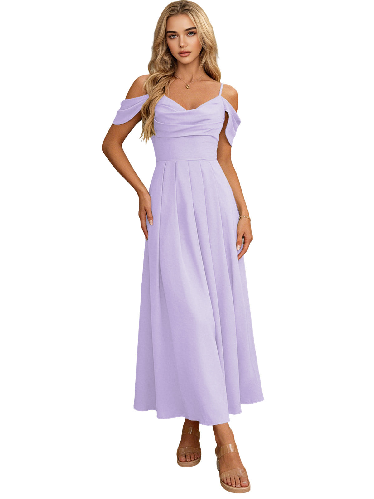 Lavender off-shoulder midi bridesmaid dress with pleated bodice and flowing skirt