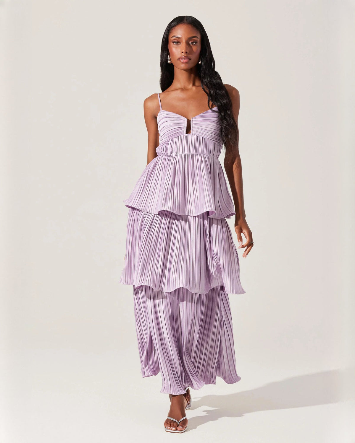 Lilac sleeveless tiered A-line maxi dress with V-neck and layered pleated skirt
