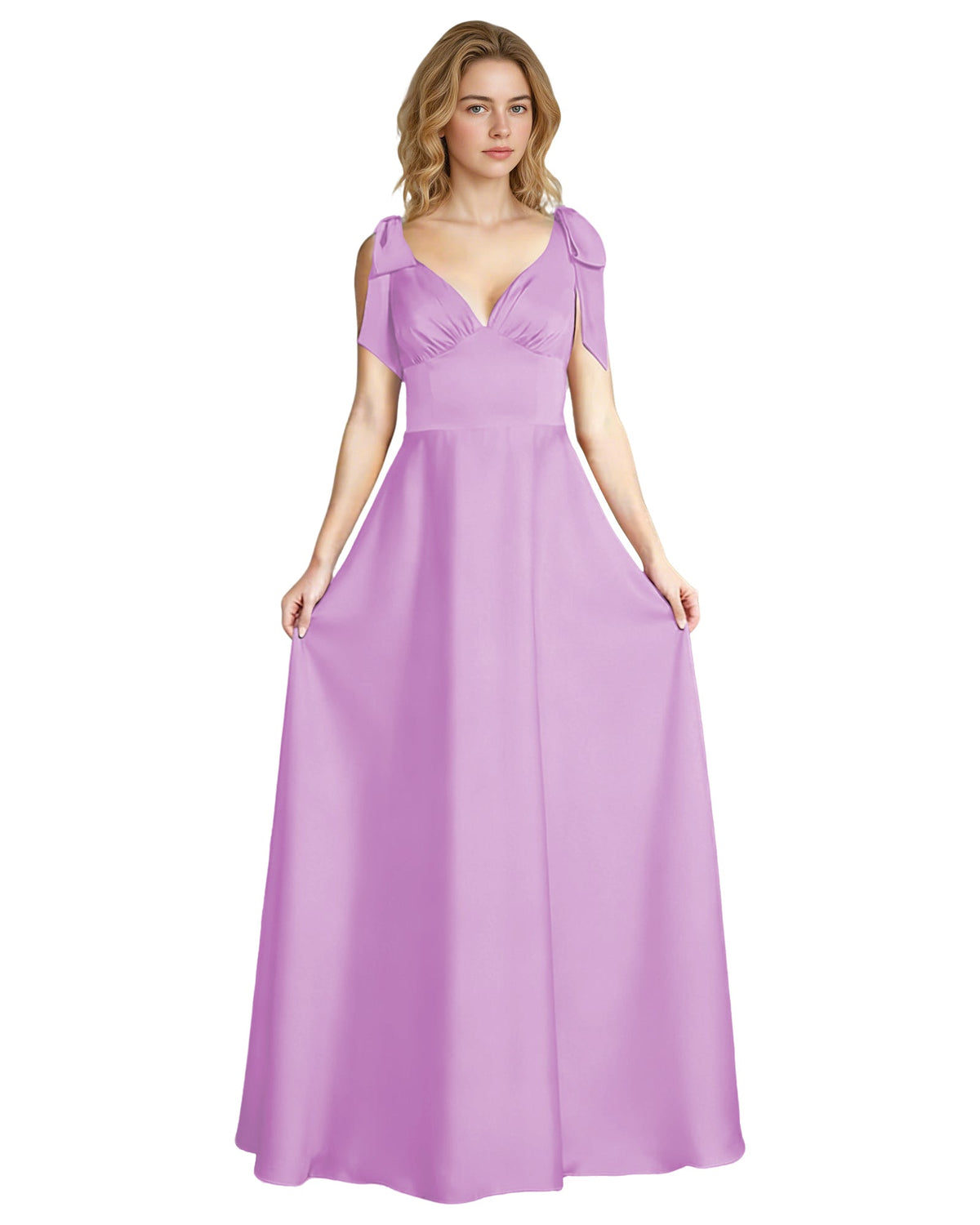 Lilac satin V-neck bow strap bridesmaid dress with empire waist and full skirt