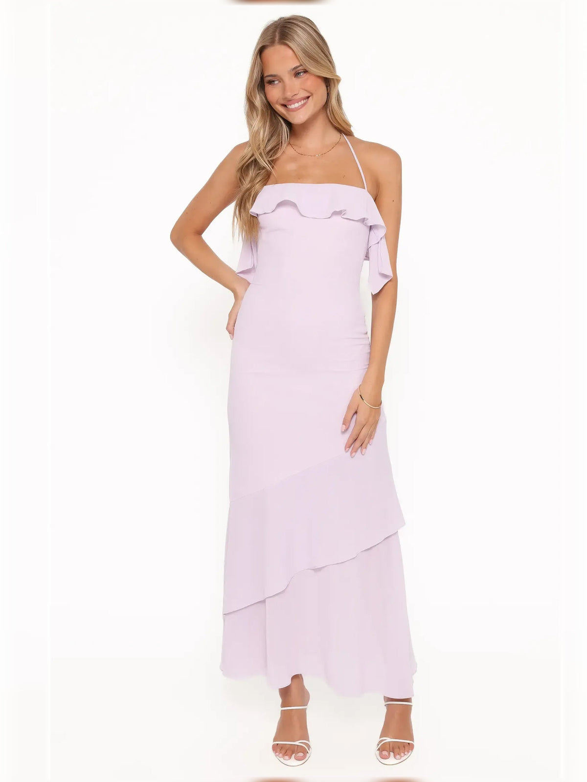 Lilac halter neck tiered ruffle midi dress with tiered skirt and ruffled bodice