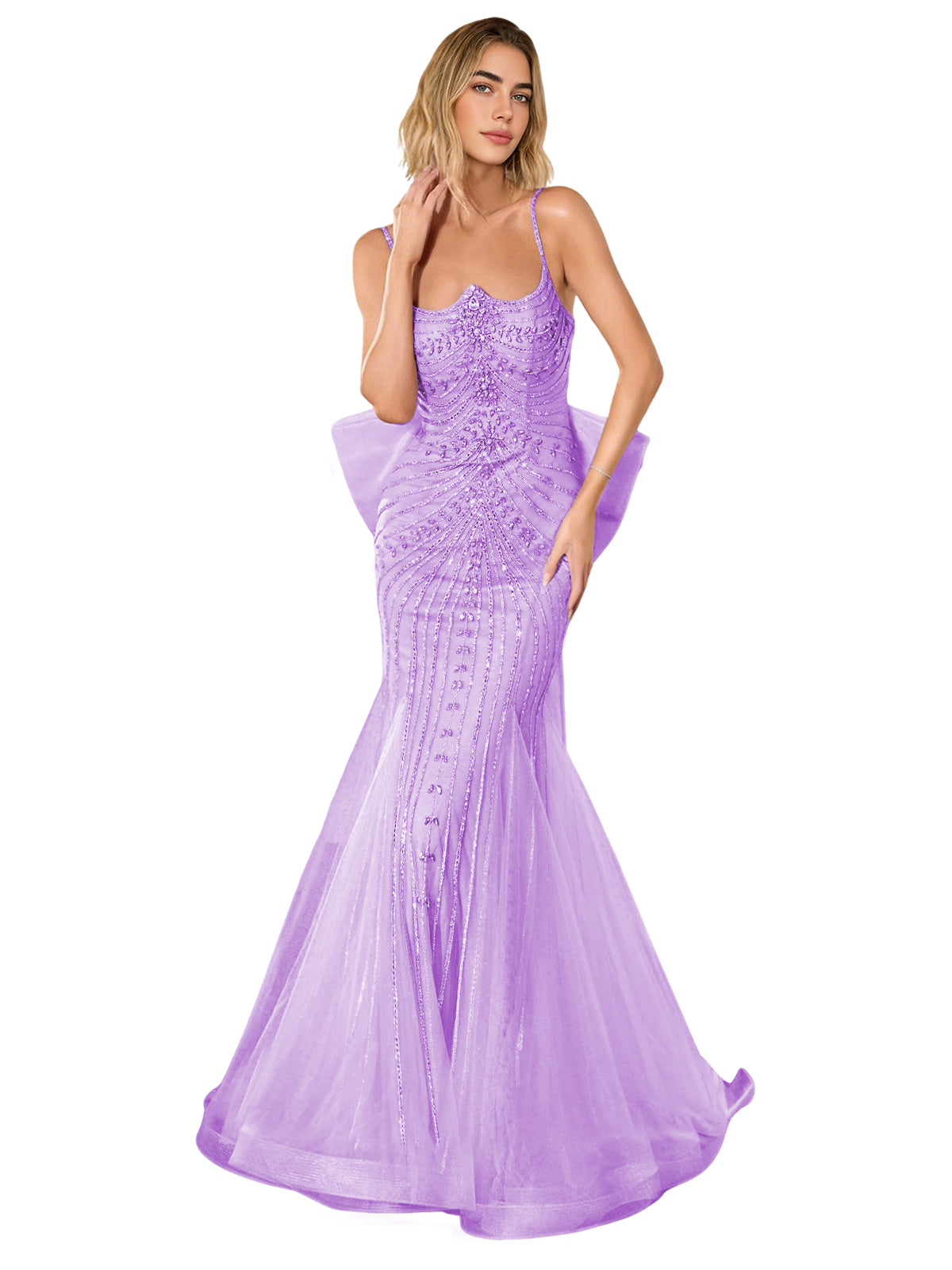 Purple strapless lace trumpet prom dress with fitted corset bodice and sweep train