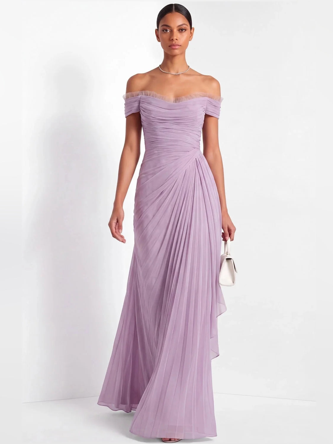 Lilac off-shoulder chiffon maxi sheath dress with ruched bodice and pleated drape