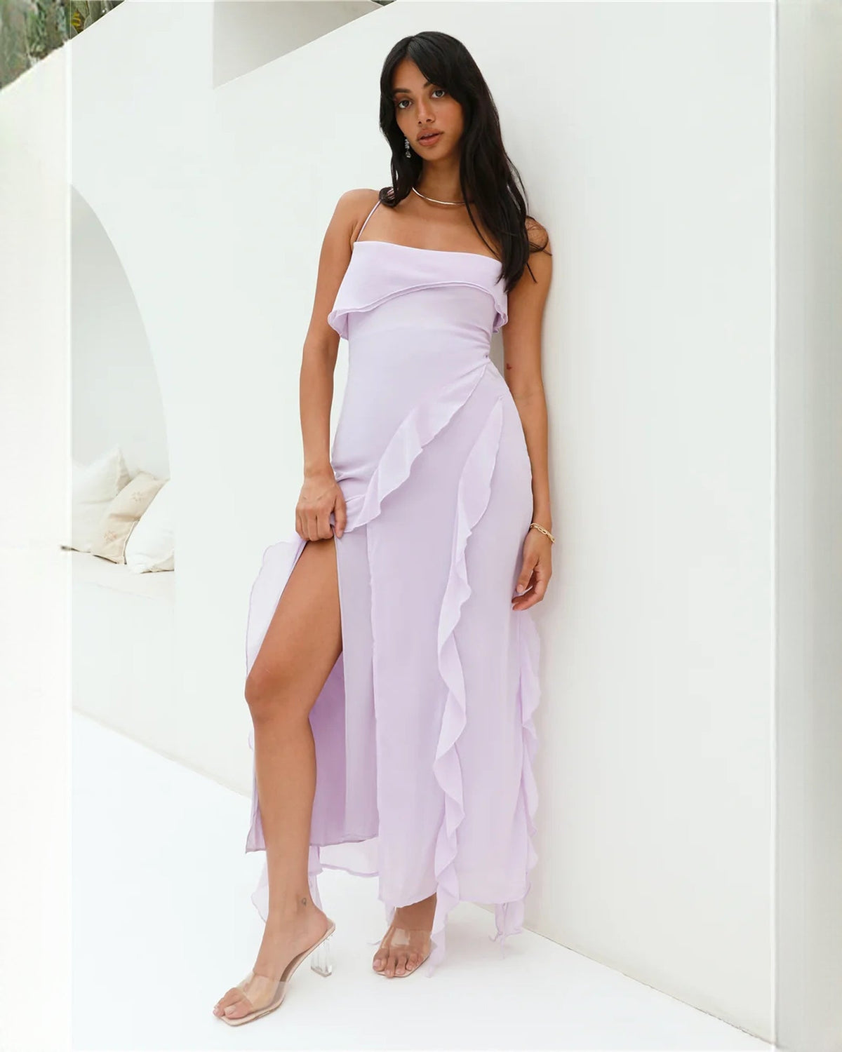 Lilac chiffon A-line maxi bridesmaid dress with ruffled bodice and flowing layered skirt