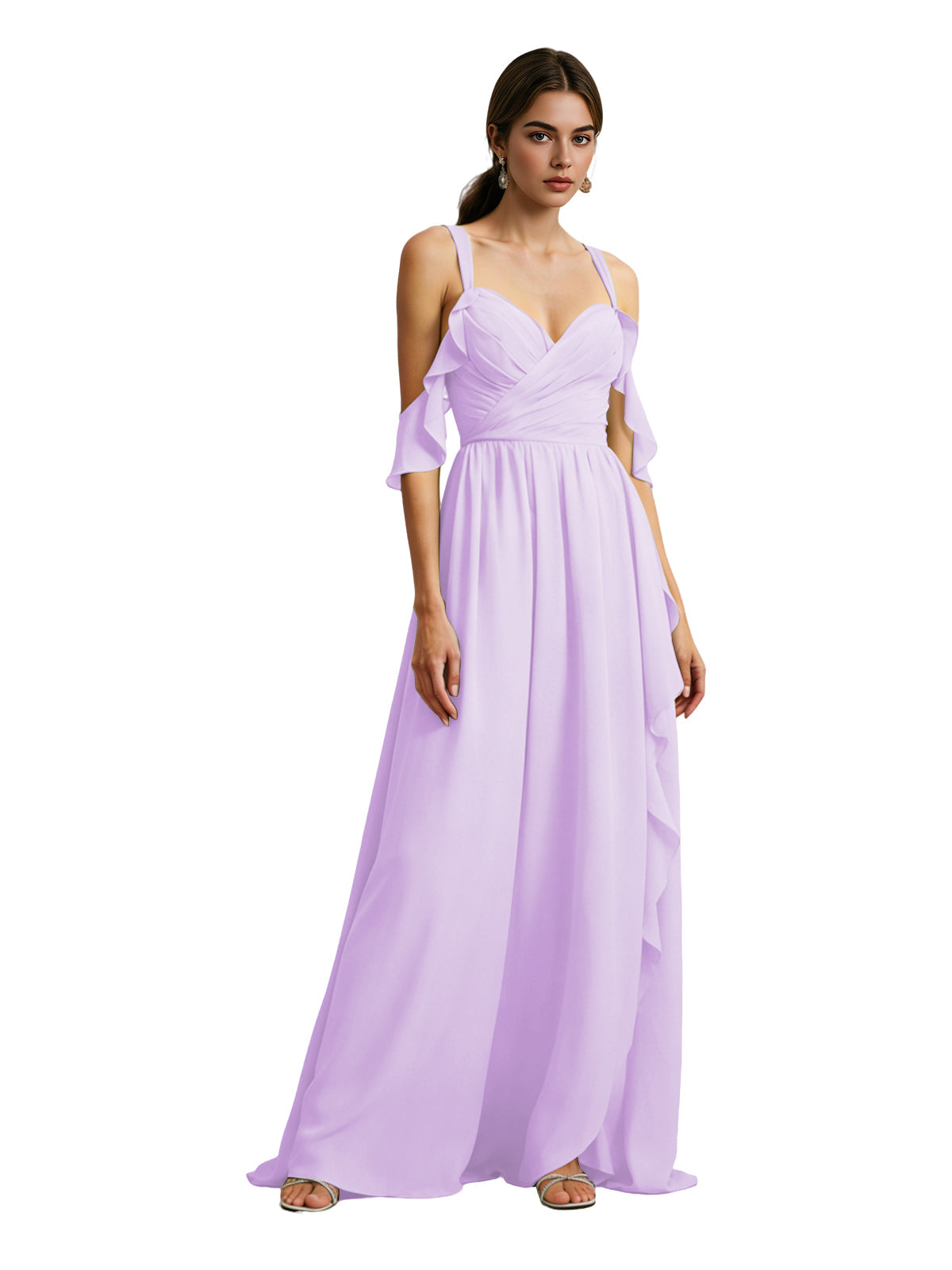 Lavender chiffon cold-shoulder bridesmaid dress with draped V-neck bodice and flowing skirt