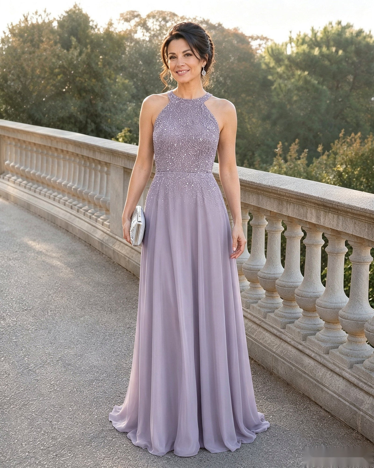 Lilac halter-neck sequin mother of the bride dress with chiffon A-line skirt