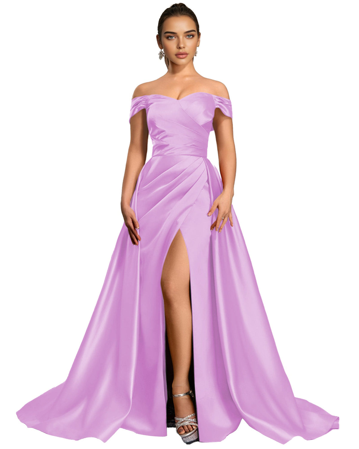 Lavender off-shoulder satin ball gown with draped bodice and high front slit