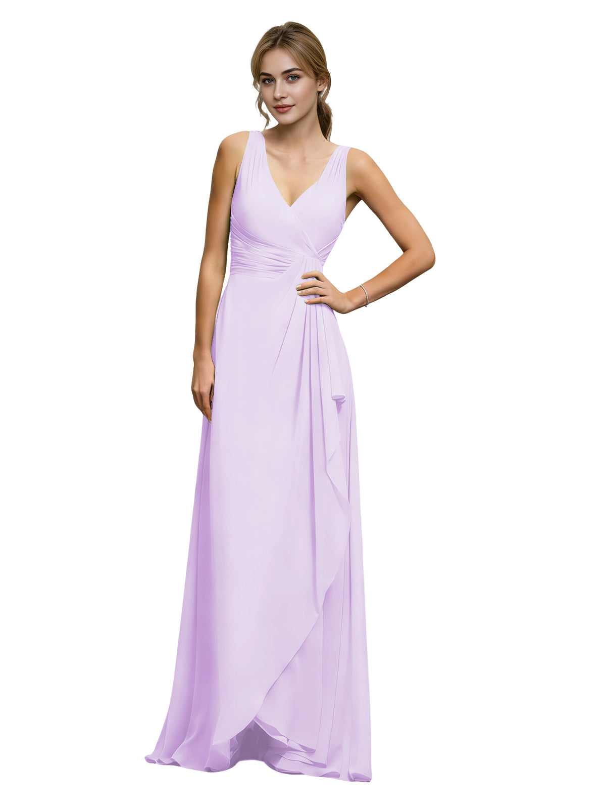 Halter V-neck chiffon bridesmaid dress in lilac, draped sash at waist.