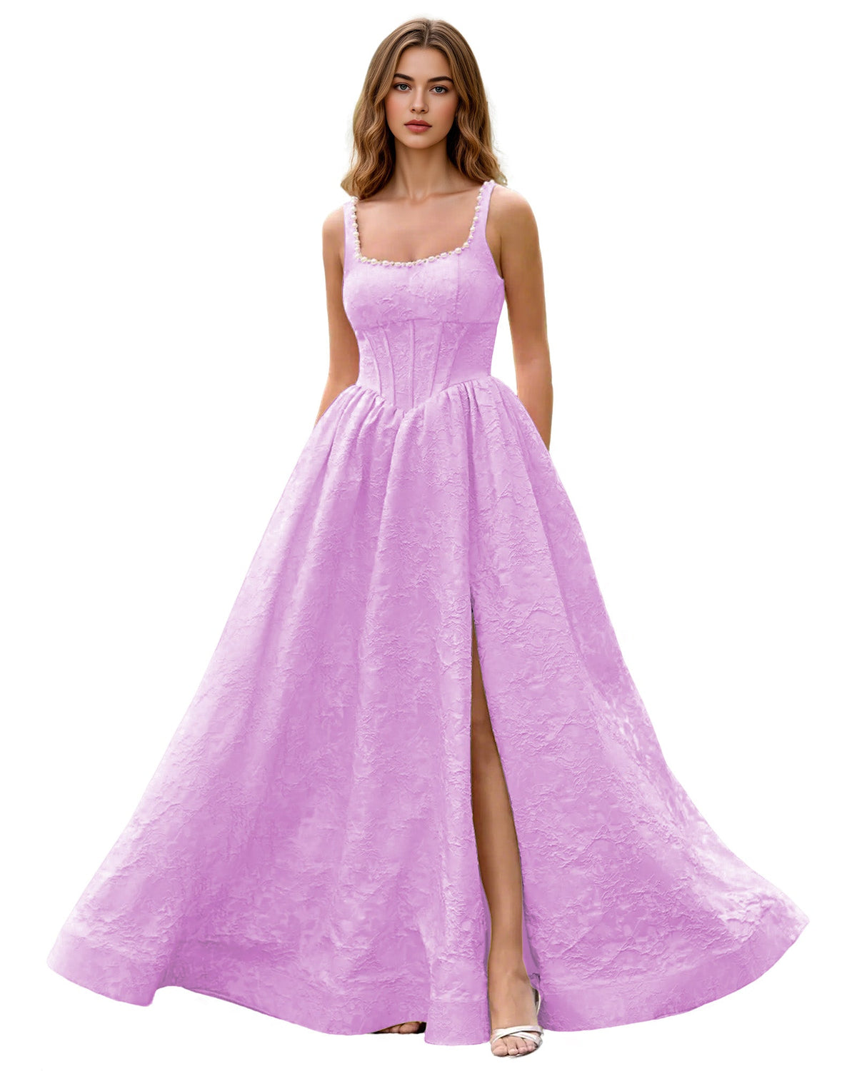 Square-neck jacquard ball gown prom dress in lilac, wide straps, side slit