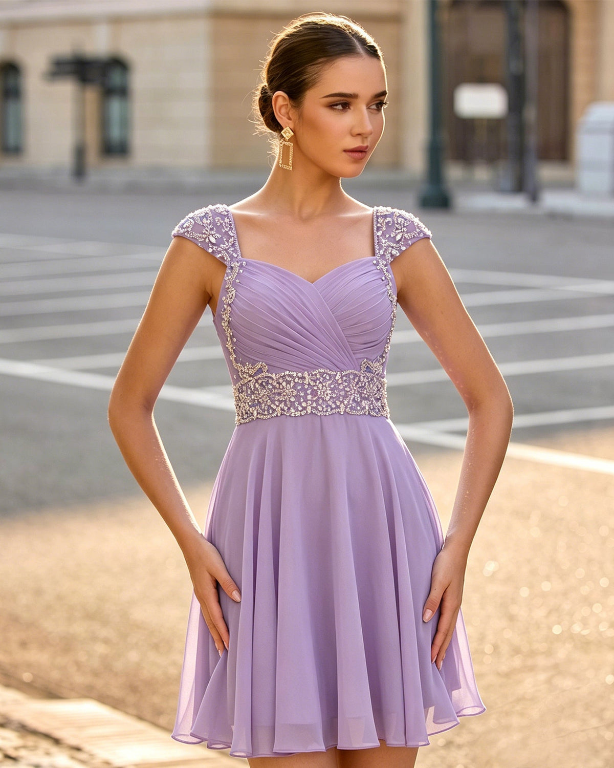 Lilac sweetheart ruched chiffon homecoming dress with beaded cap sleeves