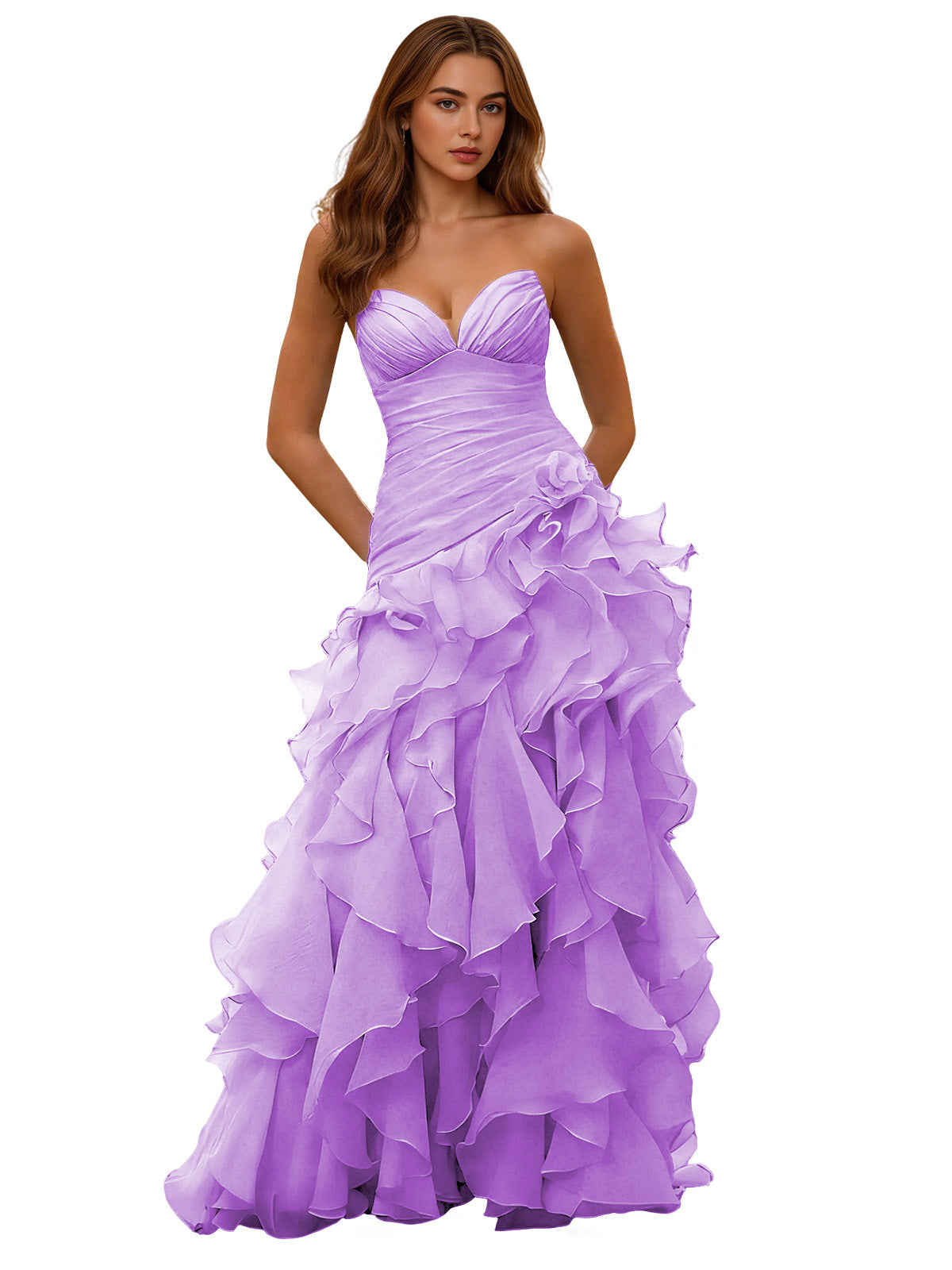 Strapless organza ruffle ball gown prom dress in lilac, draped corset bodice