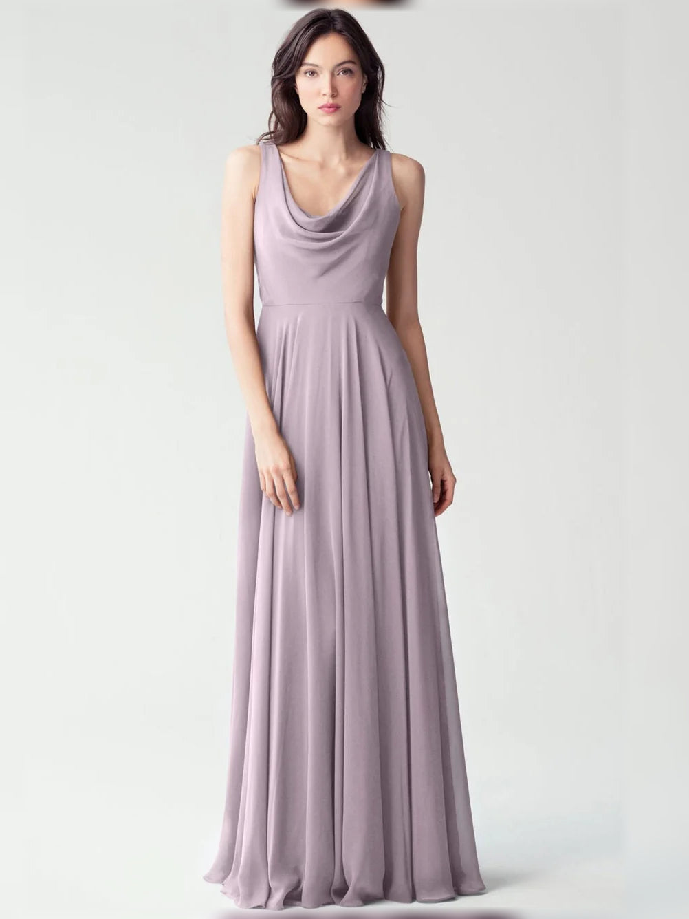 Lilac cowl-neck chiffon A-line bridesmaid dress, sleeveless, floor length.
