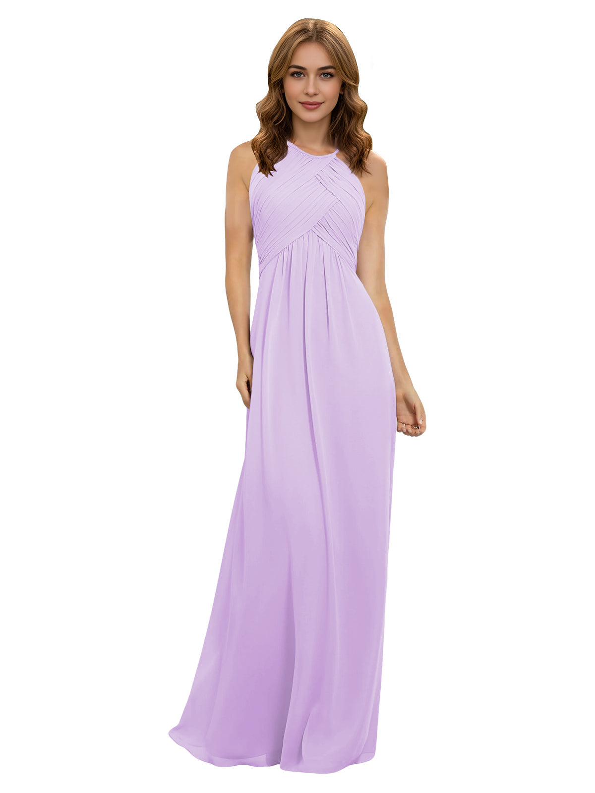 Lavender halter chiffon bridesmaid dress with twisted front and keyhole neckline