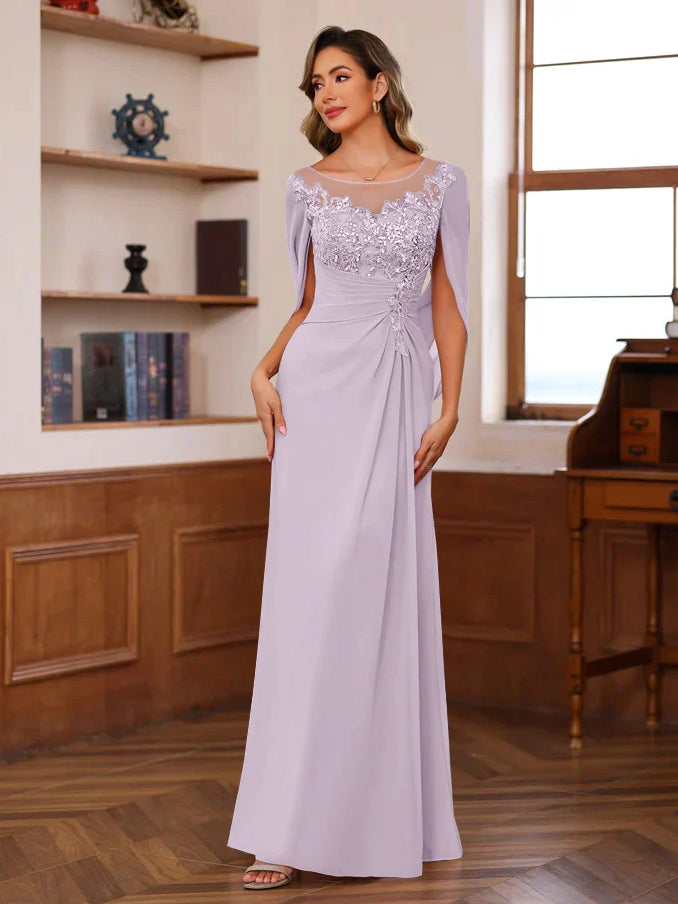 Dusty lilac floor-length chiffon sheath dress with floral applique scoop neck