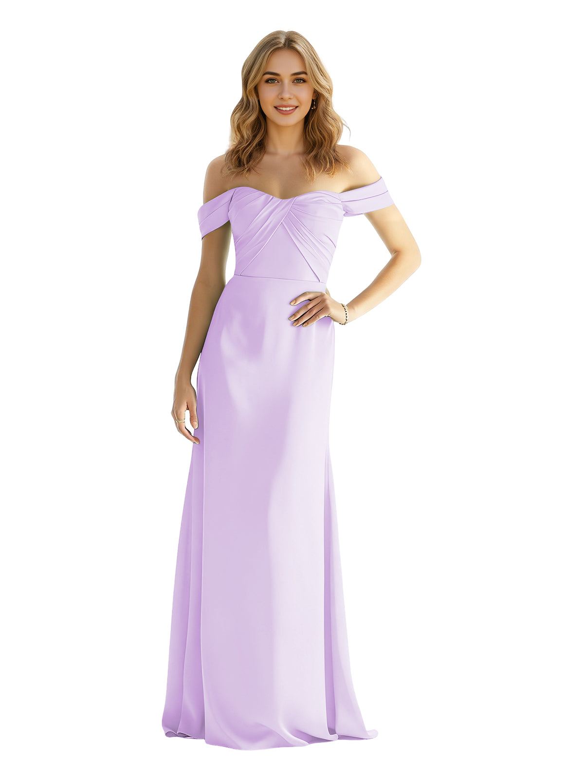 Lavender satin off-shoulder sweetheart bridesmaid dress with wrapped bodice and floor-length hem
