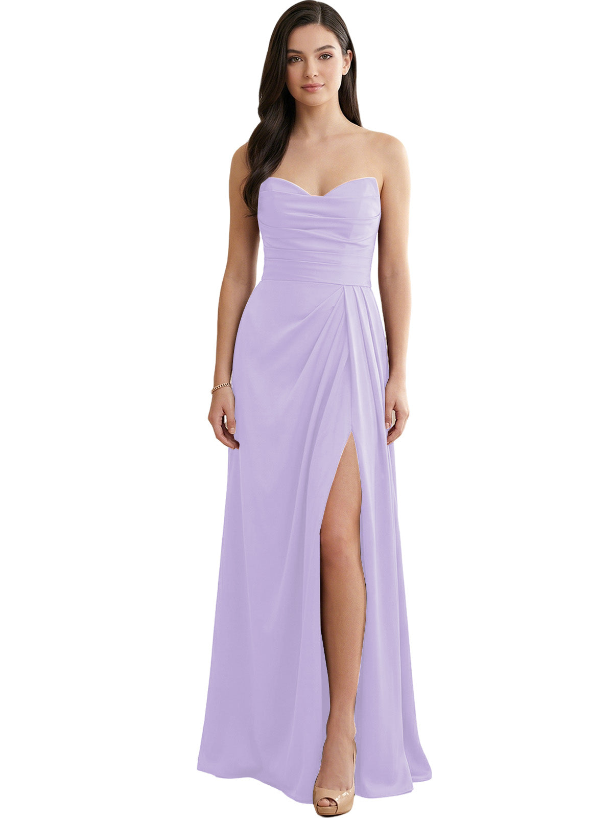 Lavender strapless satin bridesmaid dress with pleated bodice and side slit
