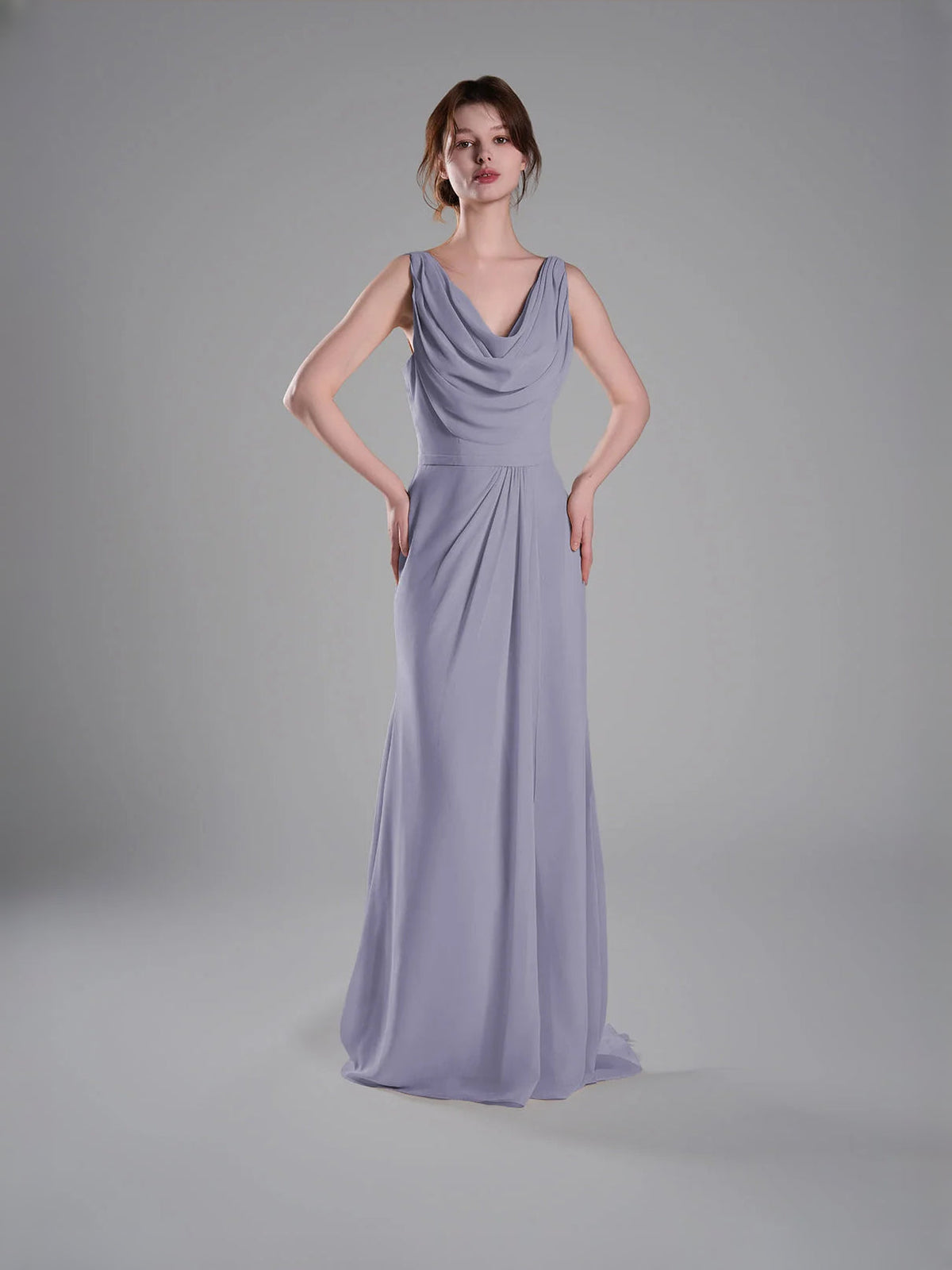 Lavender cowl-neck sheath maxi dress with sleeveless drape at bodice