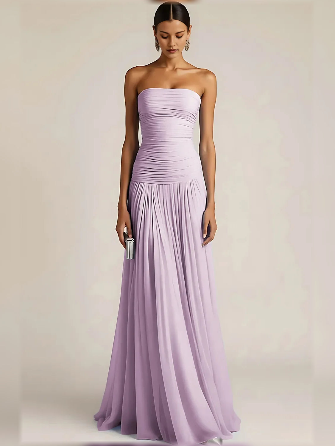 Lilac strapless formal dress with ruched bodice and pleated floor-length skirt
