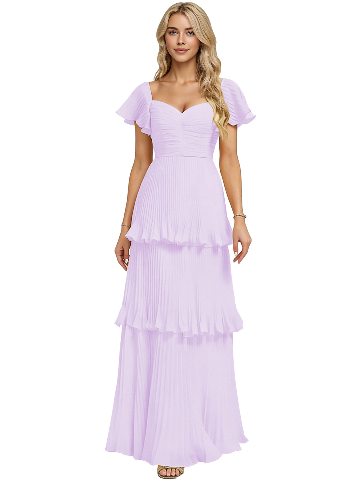 Lavender tiered chiffon bridesmaid dress with sweetheart neckline and flutter sleeves