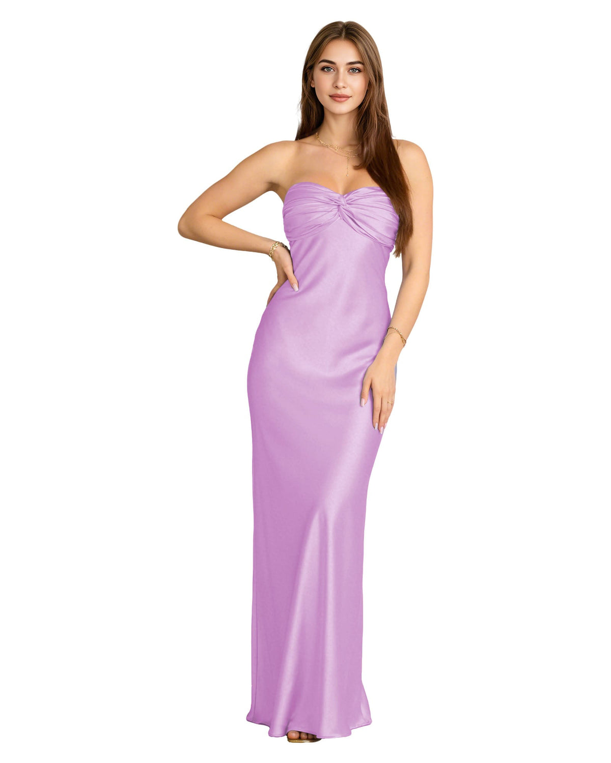 Strapless satin bridesmaid dress with twisted sweetheart bodice, lilac purple