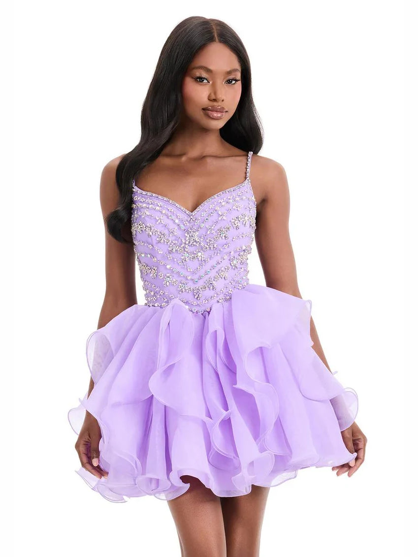 Lilac sequined sweetheart A-line mini dress with tiered ruffled organza skirt