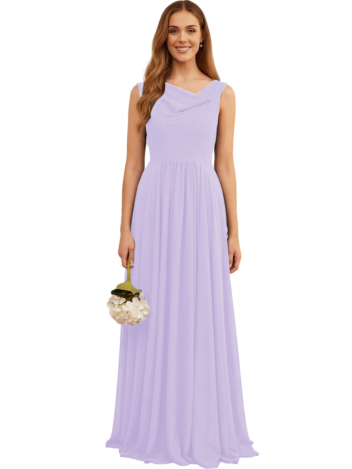 Lavender chiffon bridesmaid dress with V-neck sleeveless bodice and pleated skirt