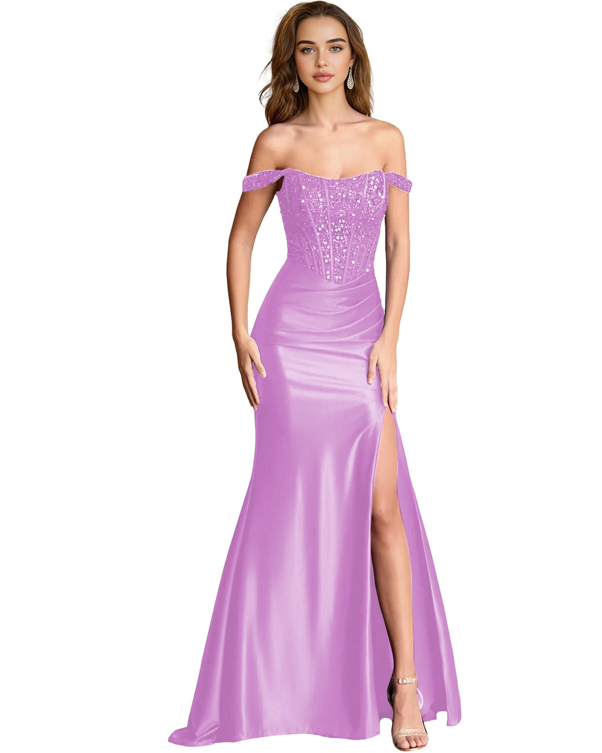 Lavender off-shoulder sequin satin mermaid dress with fitted corset and side slit