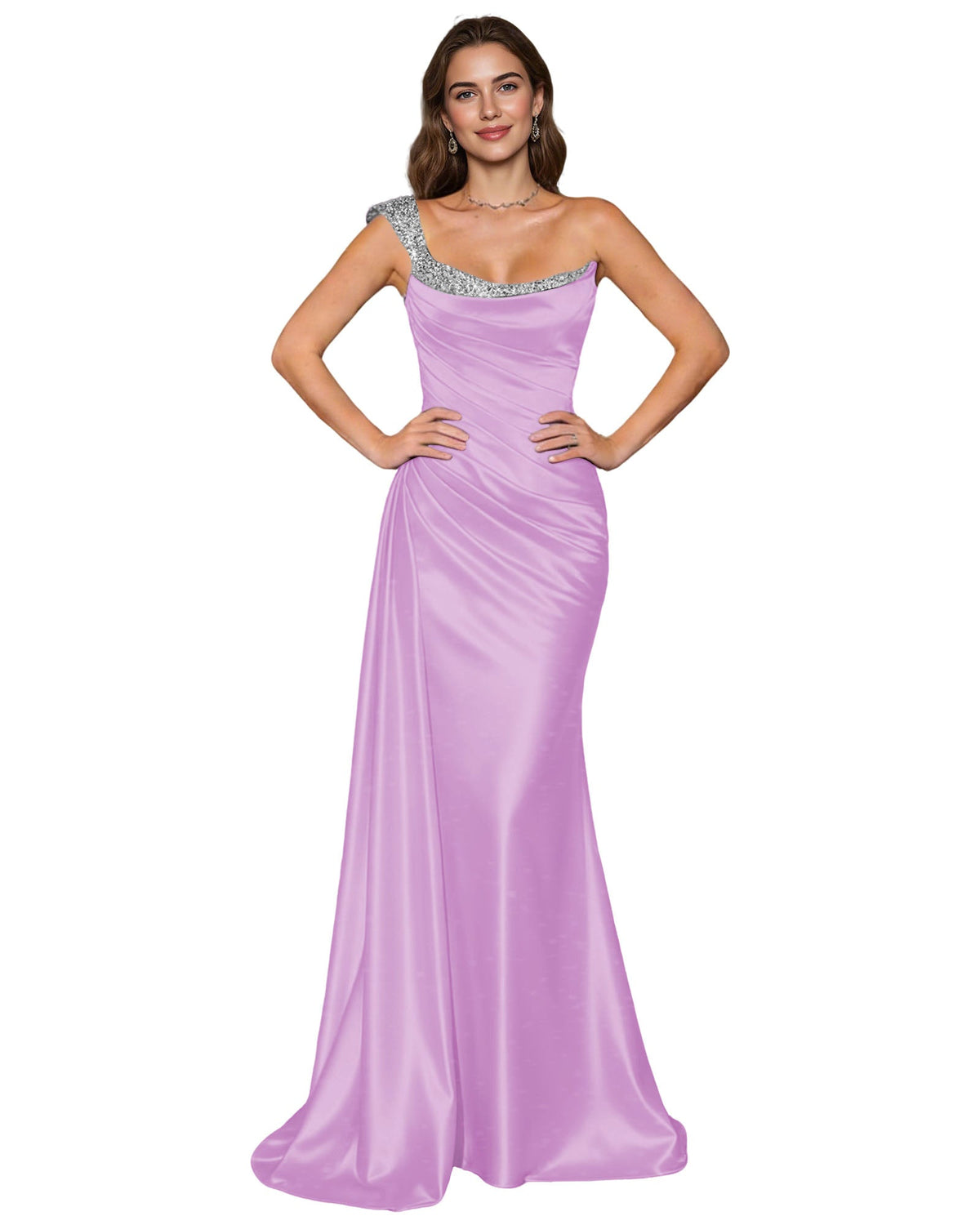 Lavender satin mermaid prom dress with spaghetti straps and draped cowl neckline, full-length