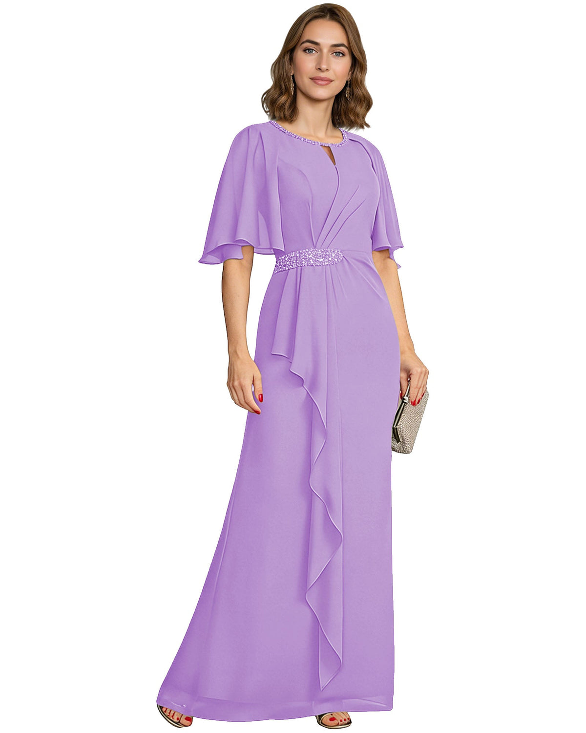 Chiffon A-line mother-of-the-bride dress with flutter sleeves, beaded waist, purple drape