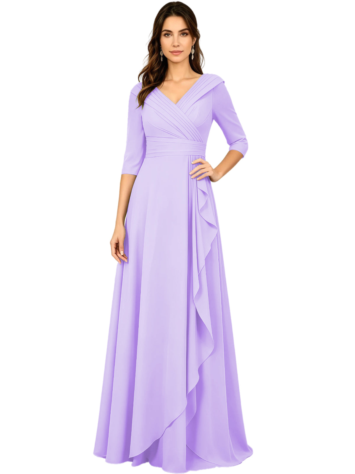 Lilac chiffon A-line gown with V-neck, half sleeves, and side ruffle drape detail.