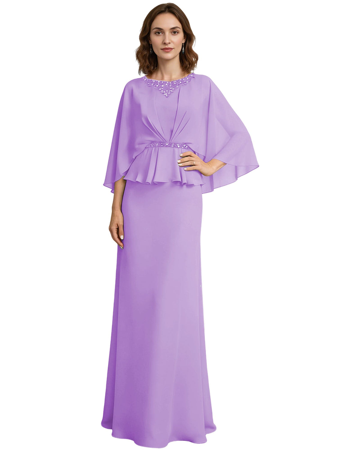 Lavender mother-of-the-bride dress with beaded neckline, capelet sleeves, peplum waist.