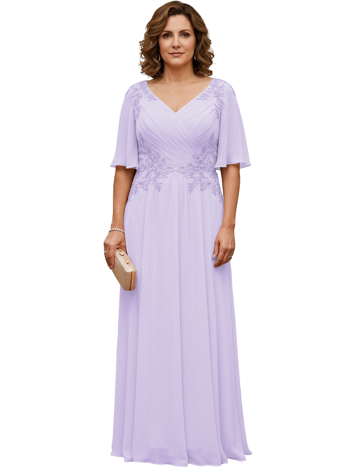 Long chiffon A-line gown in lavender with V-neck, flutter sleeves, beaded lace bodice.