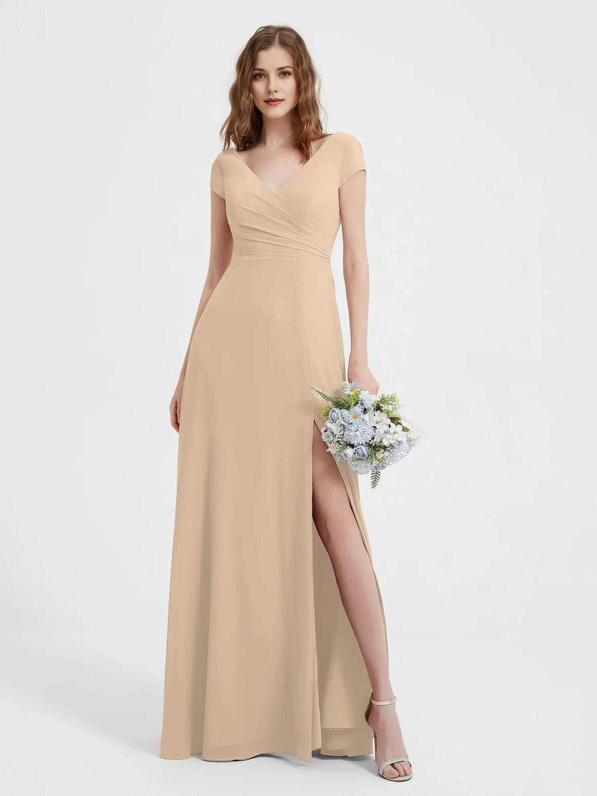 Ivory V-neck maxi chiffon dress with ruched waist and side slit