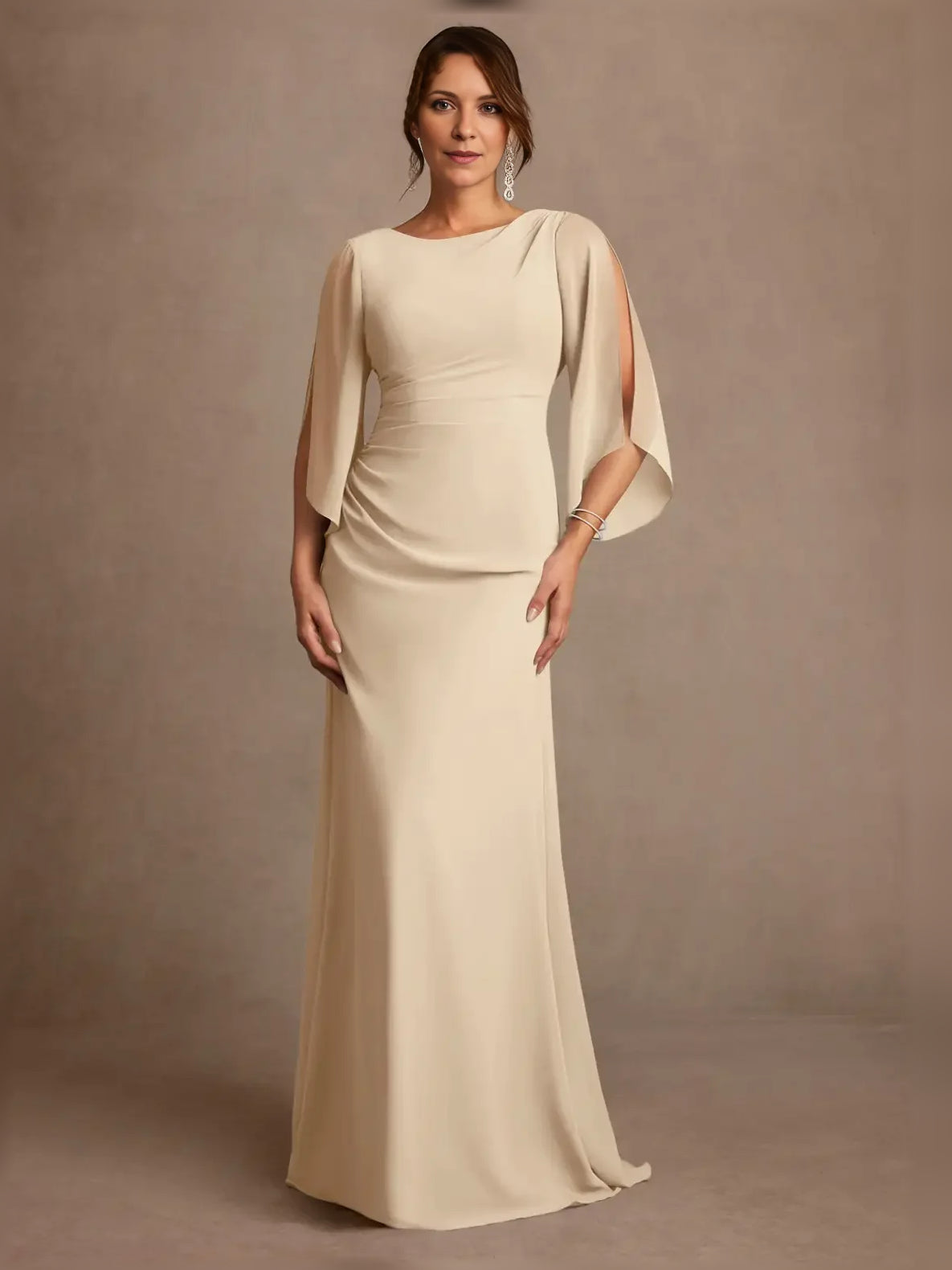 Draped boat-neck A-line chiffon mother-of-the-bride dress, champagne, floor length