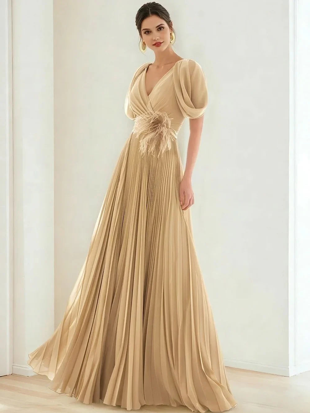 Champagne V-neck puff-sleeve pleated floor-length formal dress with feather waist trim