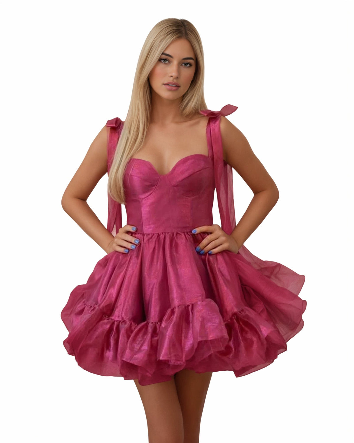 Magenta satin corset homecoming dress with bow shoulder straps and layered ruffle hem