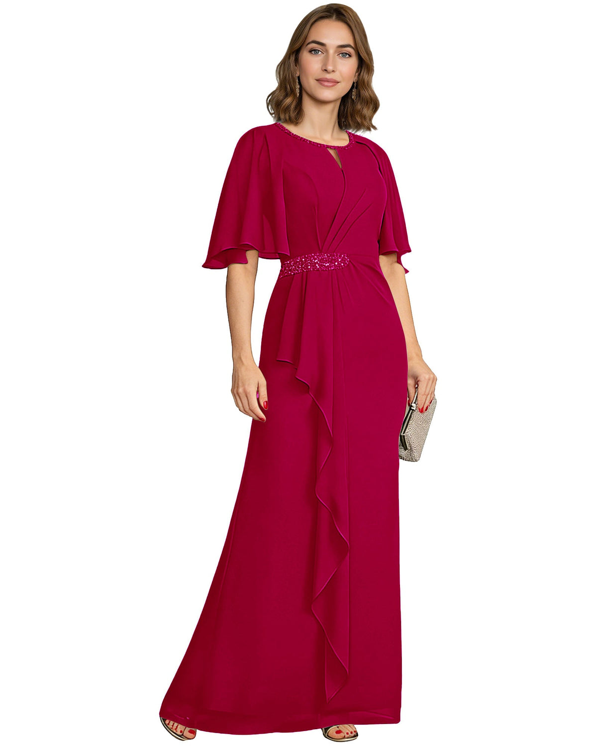 Chiffon A-line mother-of-the-bride dress with flutter sleeves, beaded waist, magenta drape