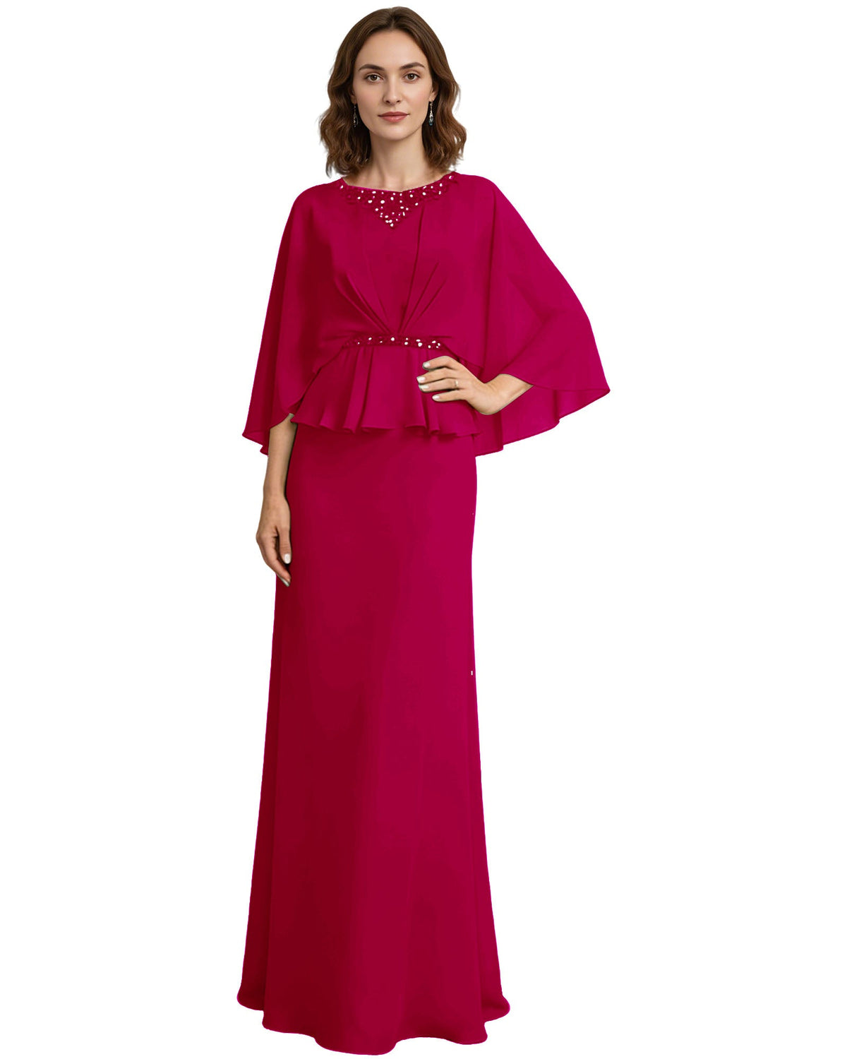 Red mother-of-the-bride formal dress with beaded neckline, capelet sleeves, peplum waist.