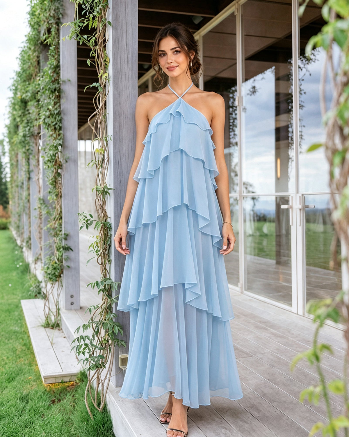 Light blue halter neck tiered chiffon bridesmaid dress with layered ruffle overlay