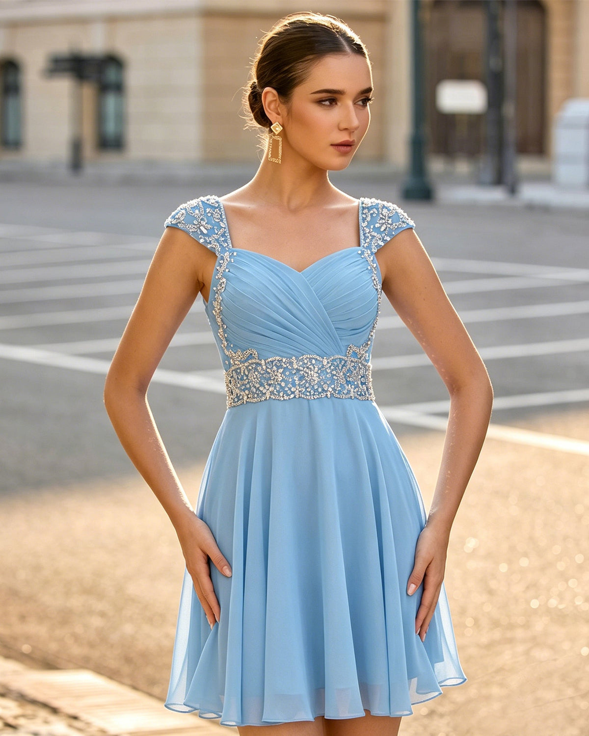 Light blue sweetheart ruched chiffon homecoming dress with beaded cap sleeves