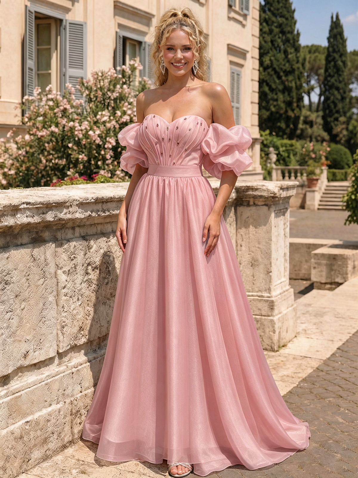 Pink off-shoulder sweetheart A-line prom dress with puff sleeves and tiered skirt