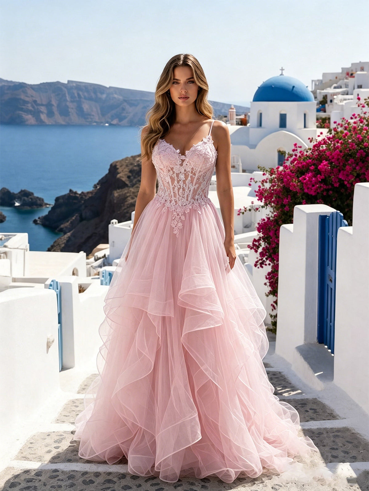 Blush pink lace corset prom dress with spaghetti straps and tiered ruffle tulle skirt