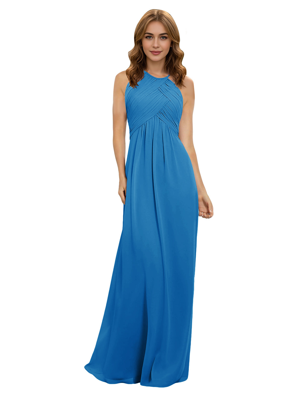Blue halter chiffon bridesmaid dress with twisted bodice and flowing maxi skirt