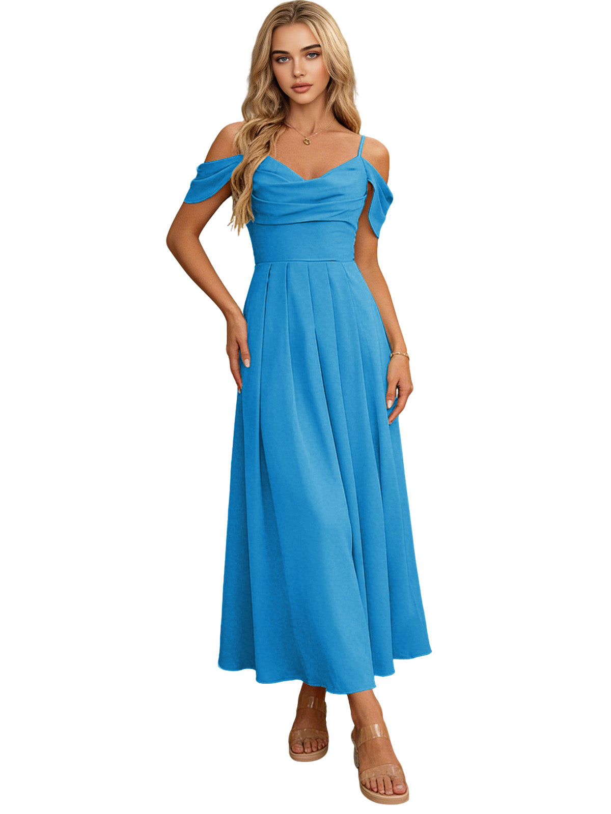 Blue off-shoulder midi bridesmaid dress with pleated bodice and flowing skirt