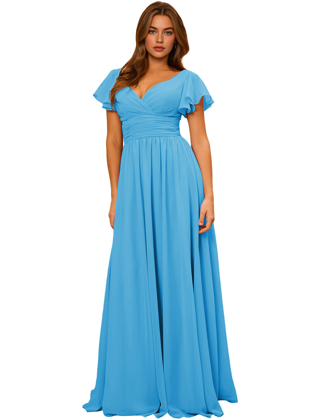 Sky blue chiffon V-neck maxi dress with flutter sleeves and empire waist